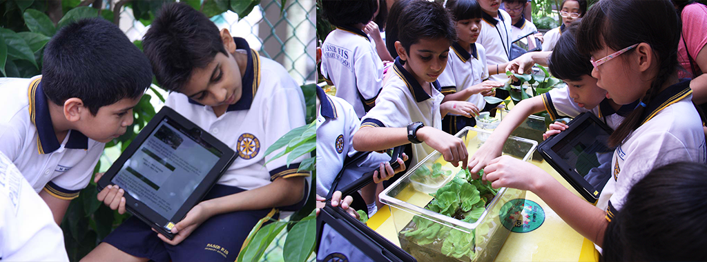 Two school students view a tablet outdoors; right shows students examining plants in trays using tablets.